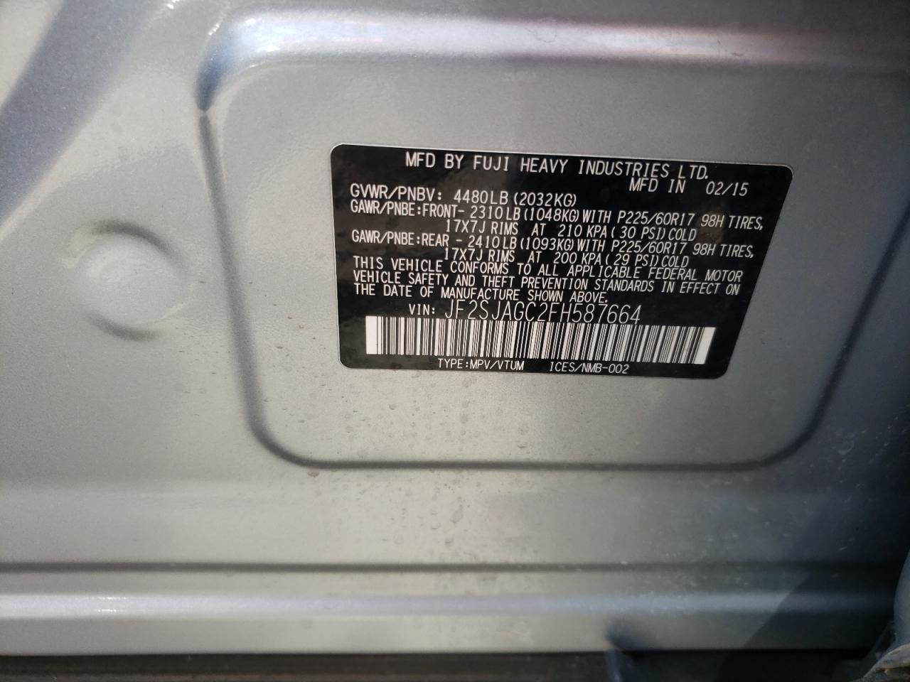 Photo 10 from auction – 2015 SUBARU FORESTER 2 with VIN JF2SJAGC2FH587664