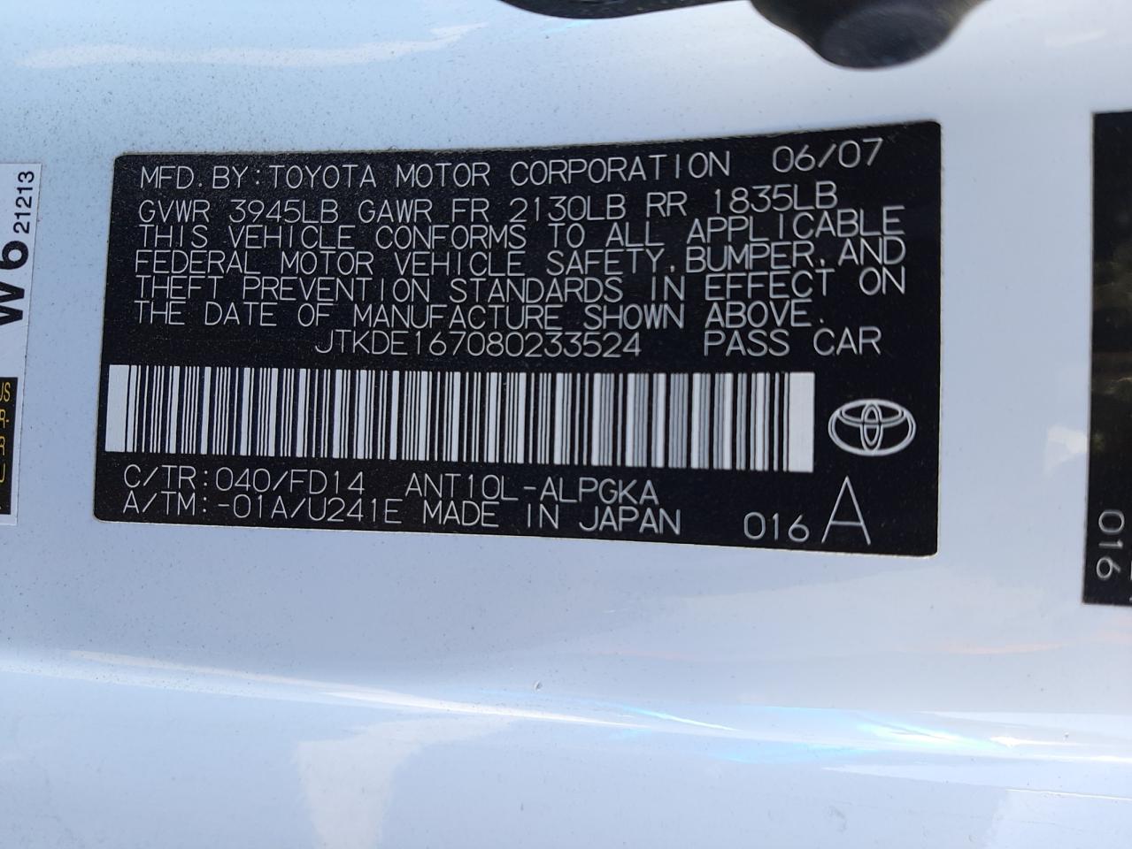 Photo 10 from auction – 2008 TOYOTA SCION TC with VIN JTKDE167080233524