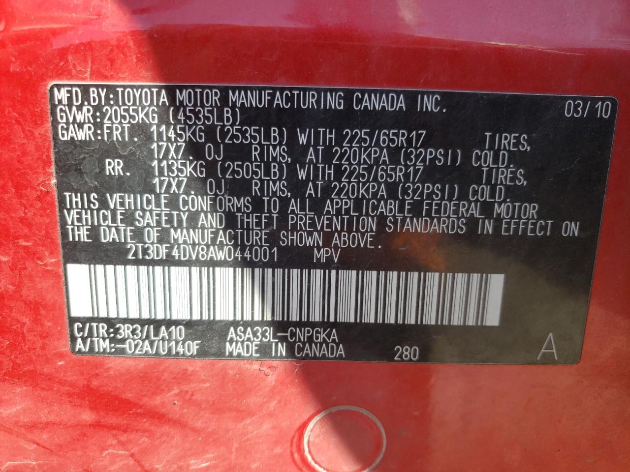 Photo 10 from auction – 2010 TOYOTA RAV4 LIMIT with VIN 2T3DF4DV8AW044001