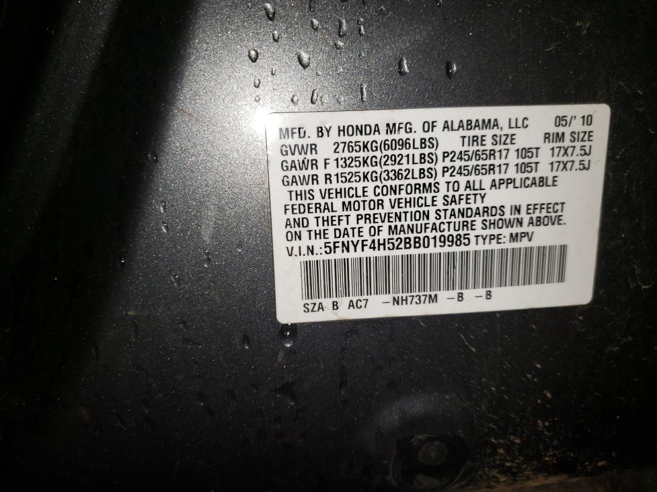 Photo 10 from auction – 2011 HONDA PILOT EXL with VIN 5FNYF4H52BB019985