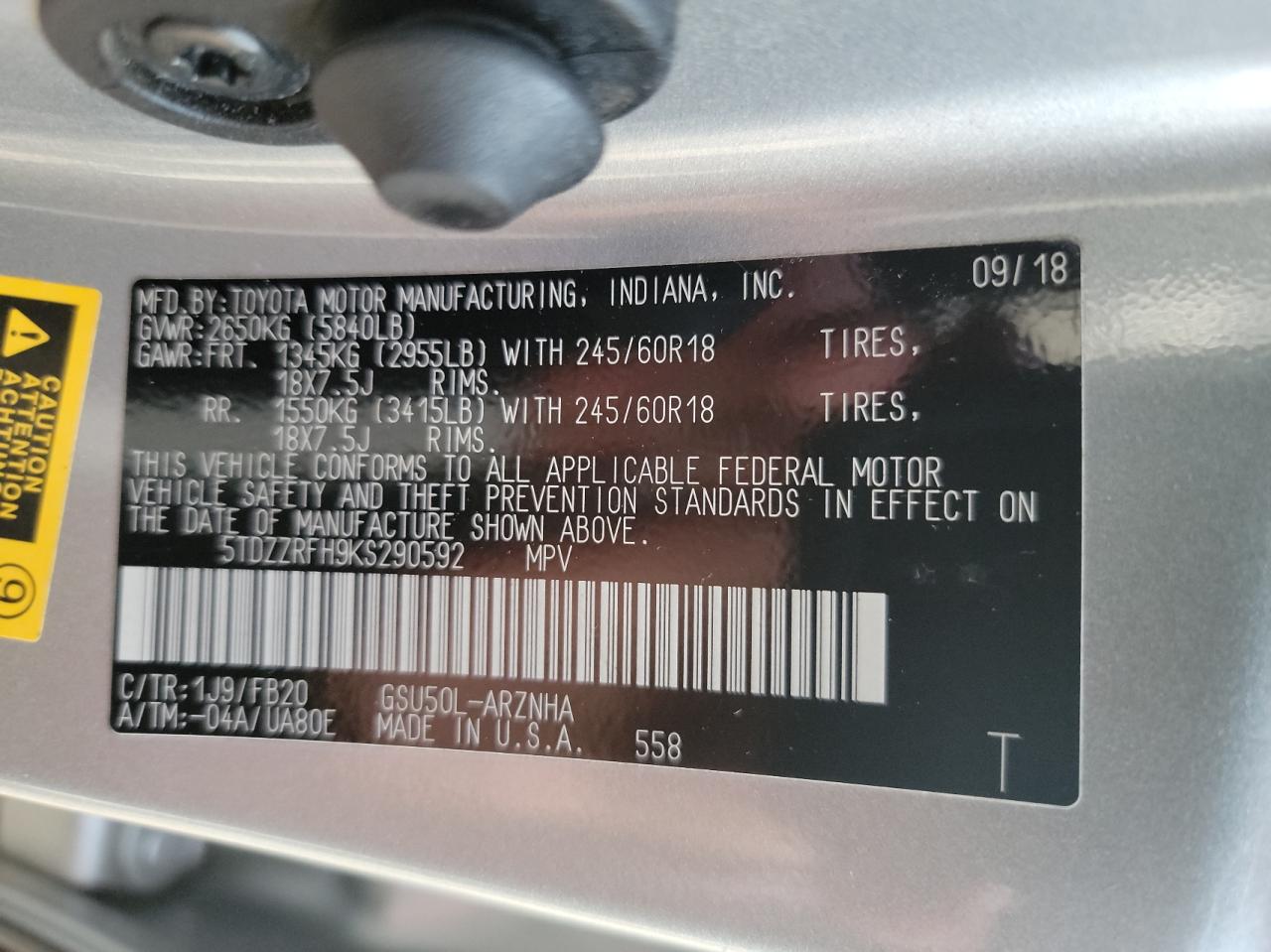 Photo 10 from auction – 2019 TOYOTA HIGHLANDER with VIN 5TDZZRFH9KS290592
