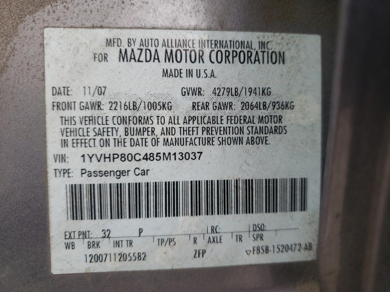 Photo 10 from auction – 2008 MAZDA 6 I with VIN 1YVHP80C485M13037