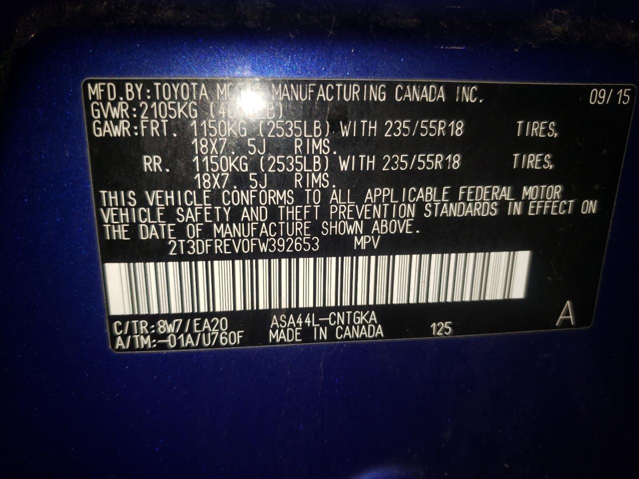 Photo 10 from auction – 2015 TOYOTA RAV4 LIMIT with VIN 2T3DFREV0FW392653