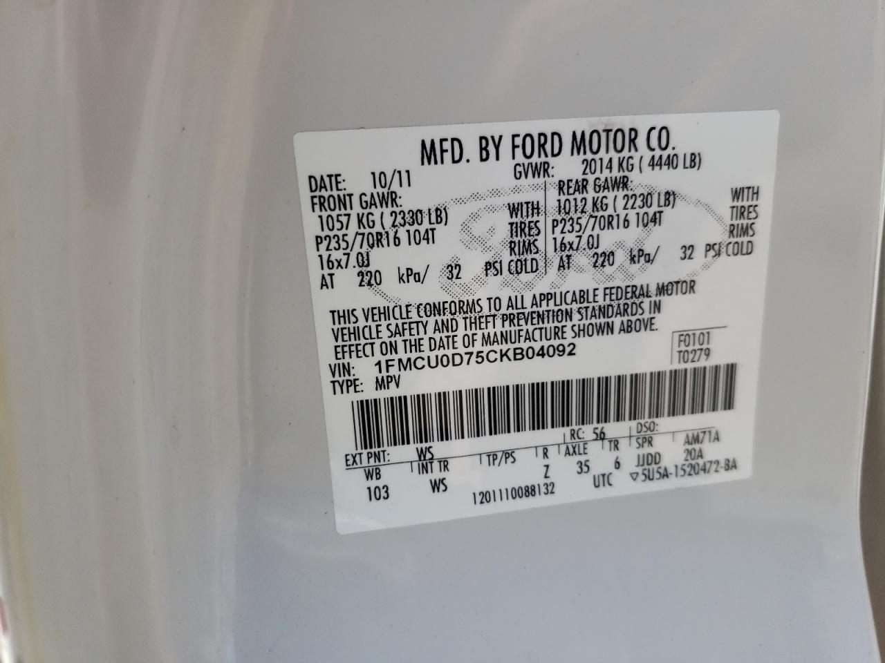 Photo 10 from auction – 2012 FORD ESCAPE XLT with VIN 1FMCU0D75CKB04092