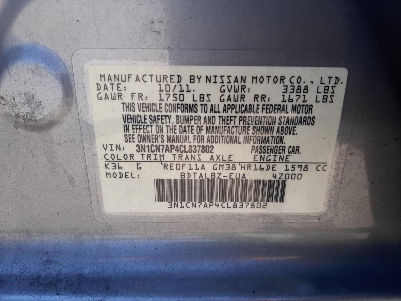 Photo 10 from auction – 2012 NISSAN VERSA S with VIN 3N1CN7AP4CL837802
