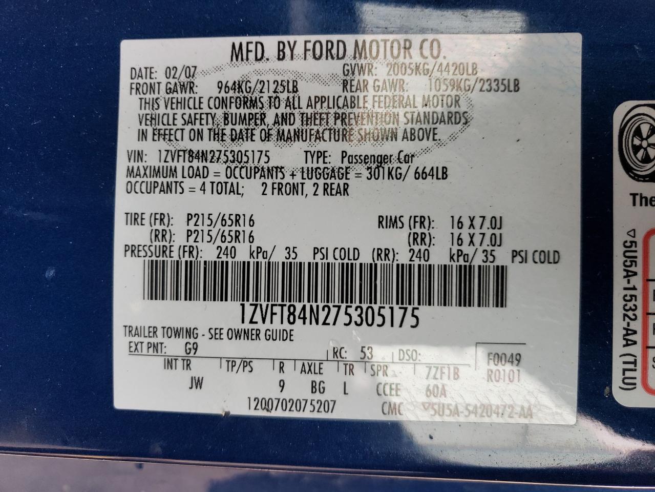 Photo 10 from auction – 2007 FORD MUSTANG with VIN 1ZVFT84N275305175