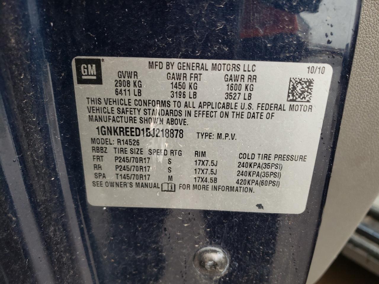 Photo 10 from auction – 2011 CHEVROLET TRAVERSE L with VIN 1GNKREED1BJ218878