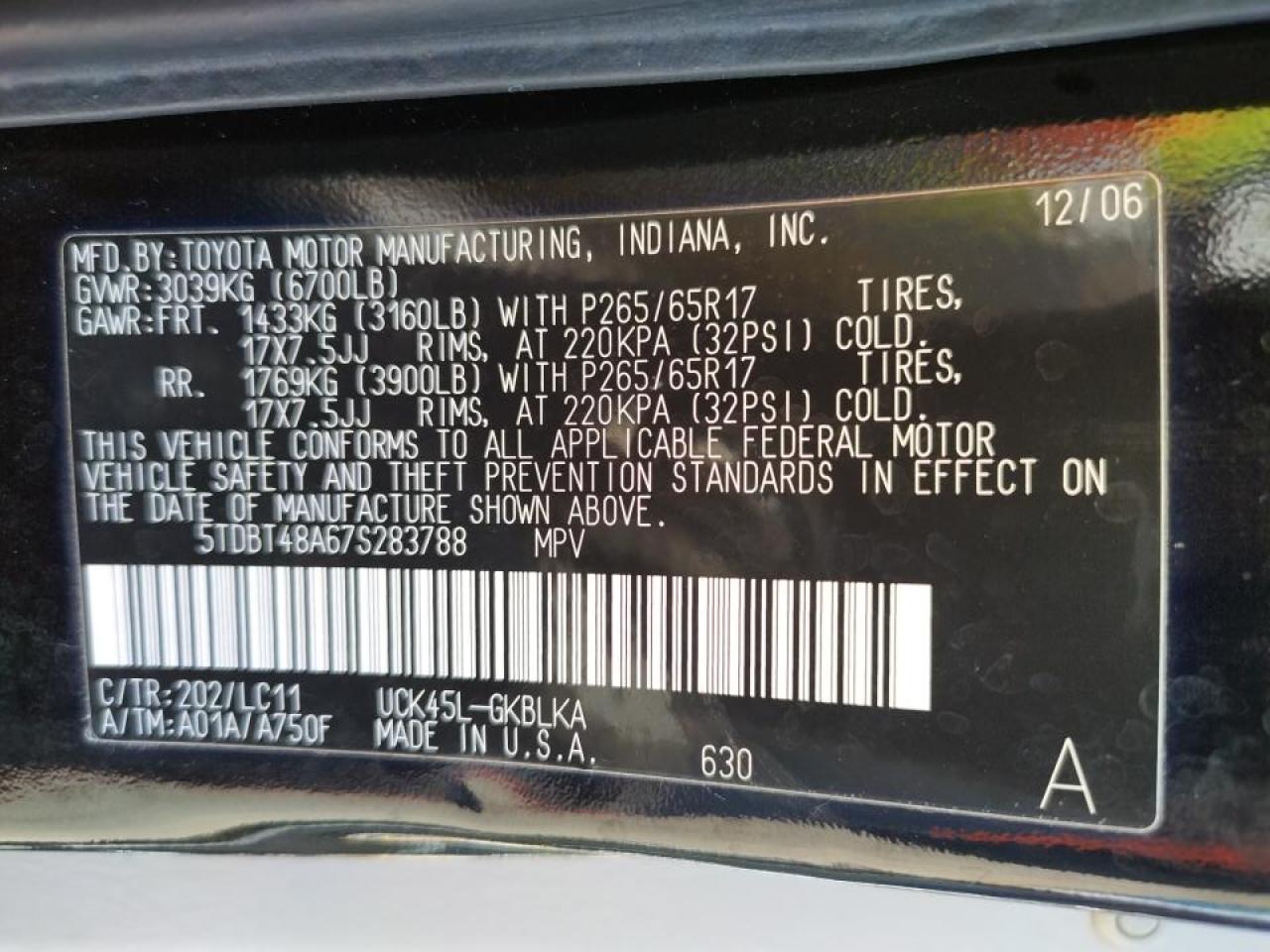Photo 20 from auction – 2007 TOYOTA SEQUOIA LI with VIN 5TDBT48A67S283788