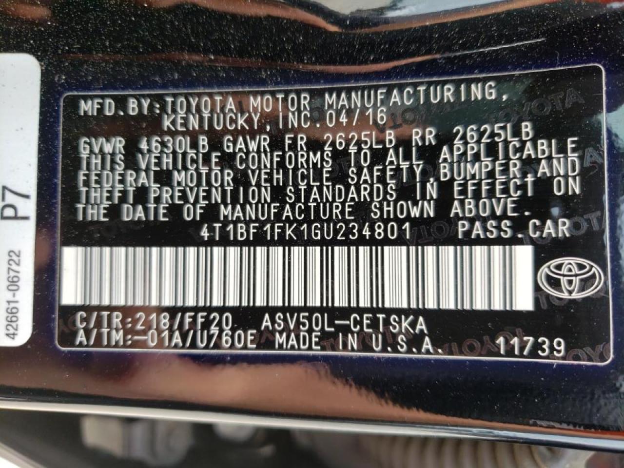 Photo 10 from auction – 2016 TOYOTA CAMRY LE with VIN 4T1BF1FK1GU234801
