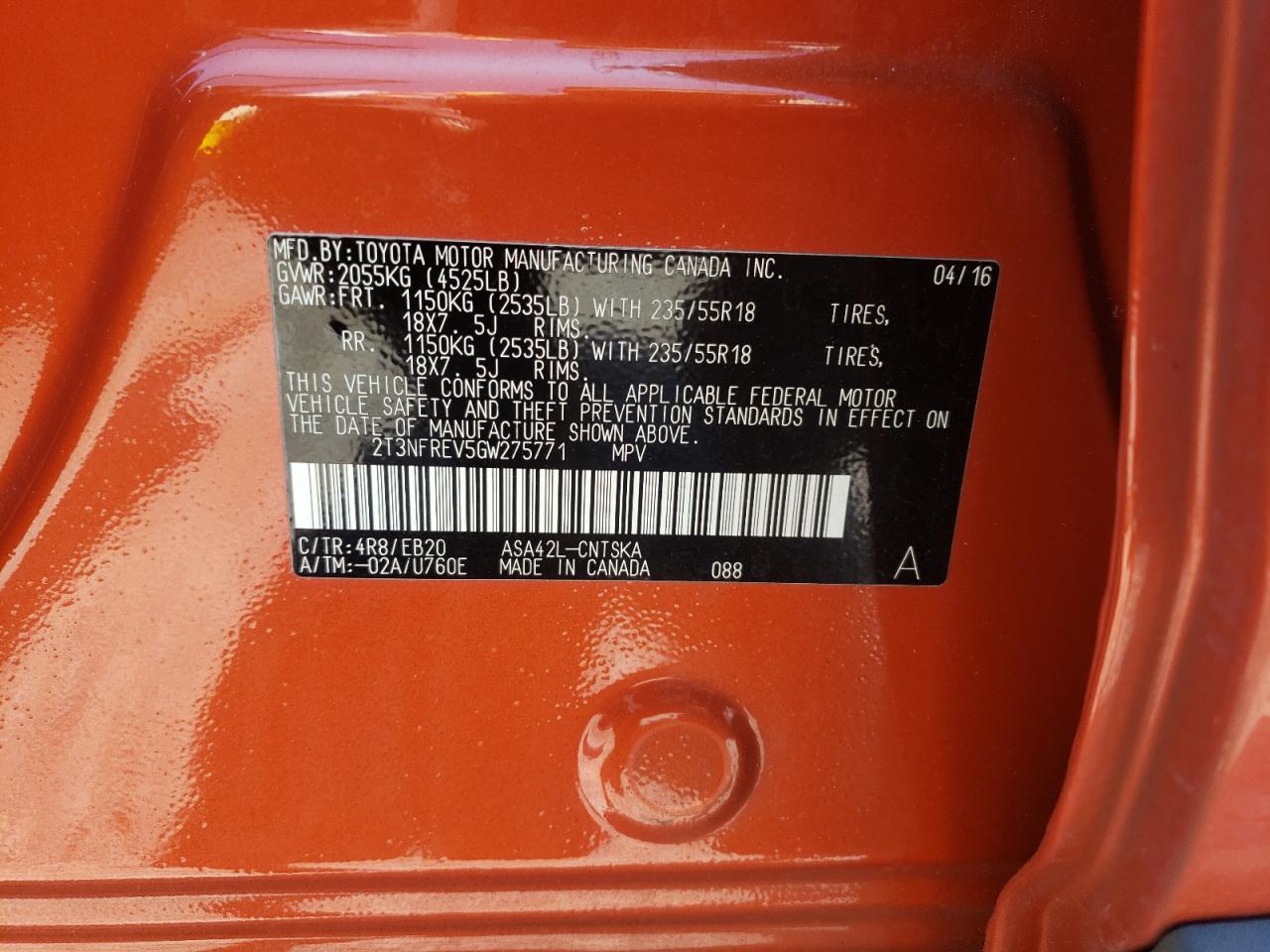 Photo 10 from auction – 2016 TOYOTA RAV4 SE with VIN 2T3NFREV5GW275771
