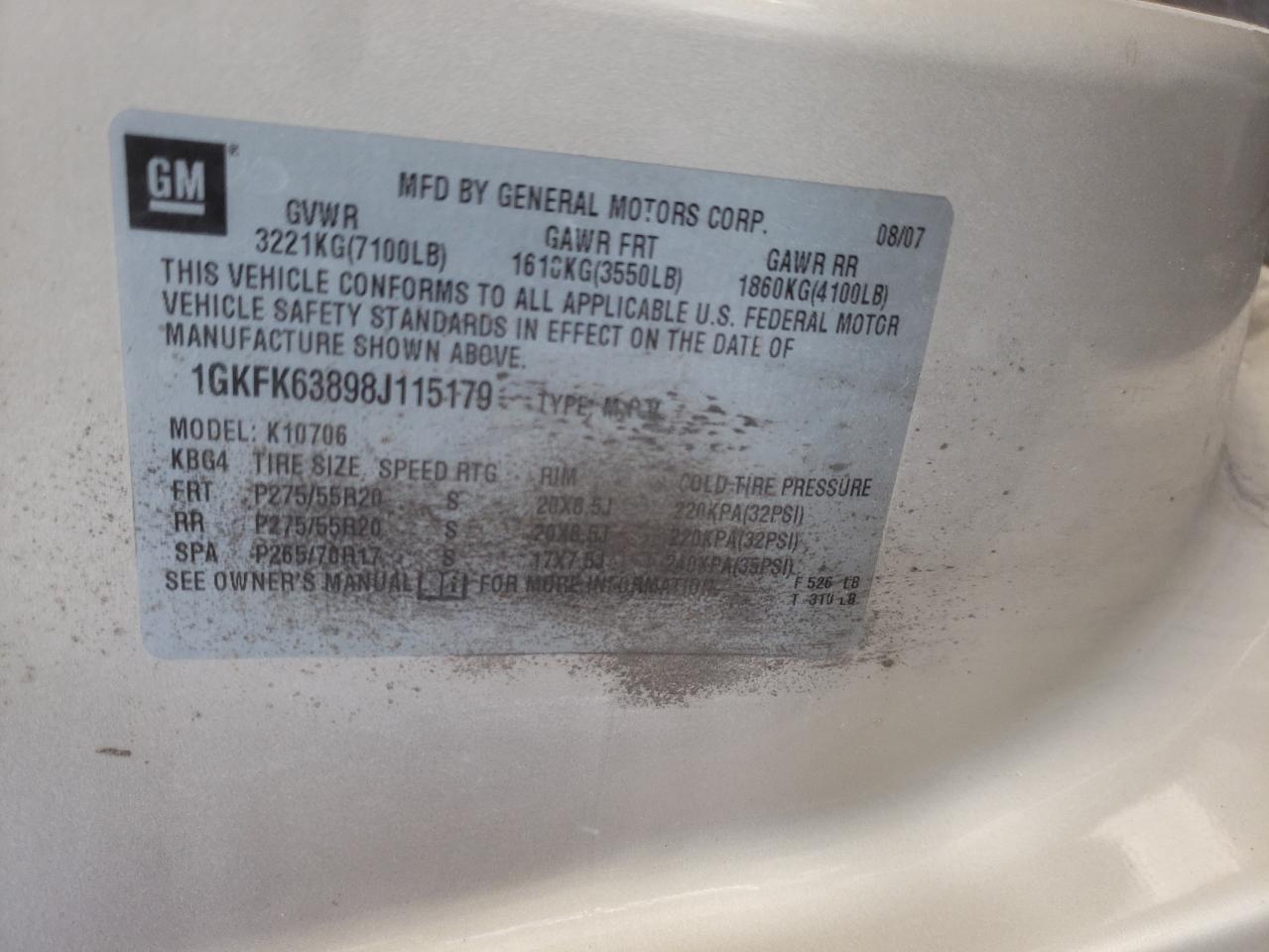 Photo 10 from auction – 2008 GMC YUKON DENA with VIN 1GKFK63898J115179