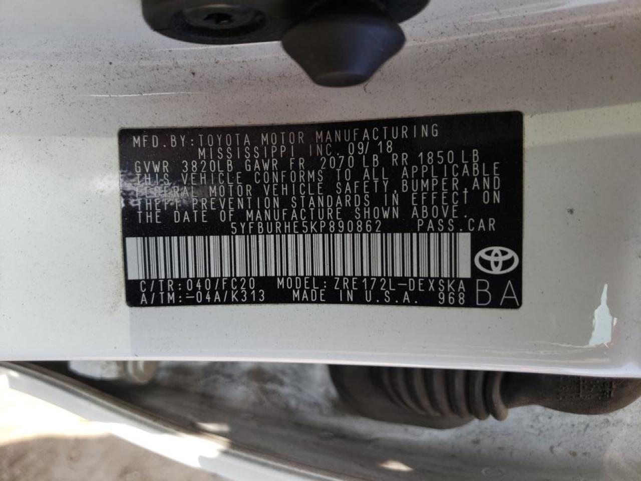 Photo 10 from auction – 2019 TOYOTA COROLLA L with VIN 5YFBURHE5KP890862