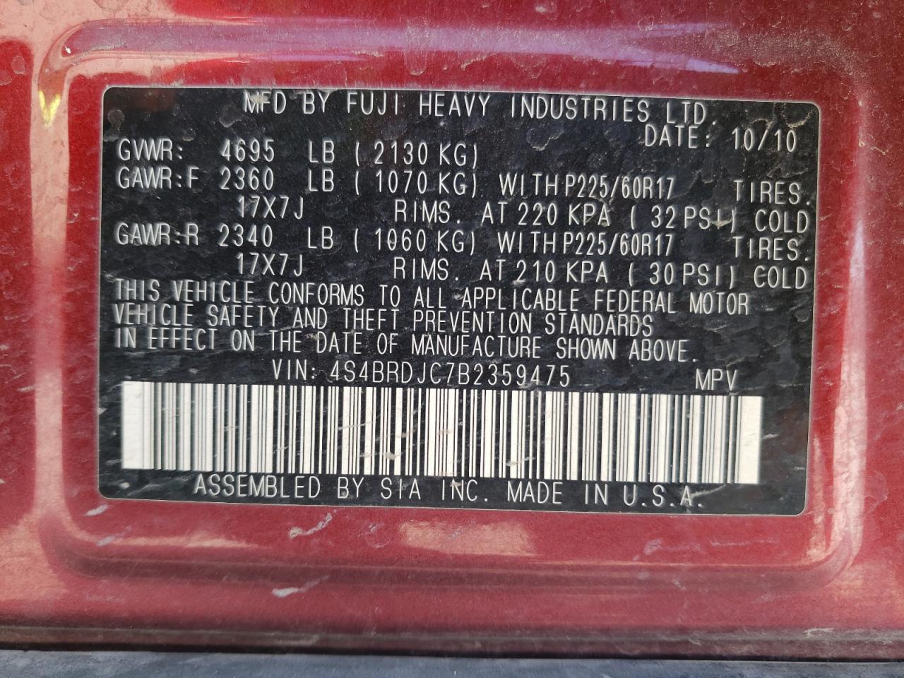 Photo 10 from auction – 2011 SUBARU OUTBACK 3. with VIN 4S4BRDJC7B2359475