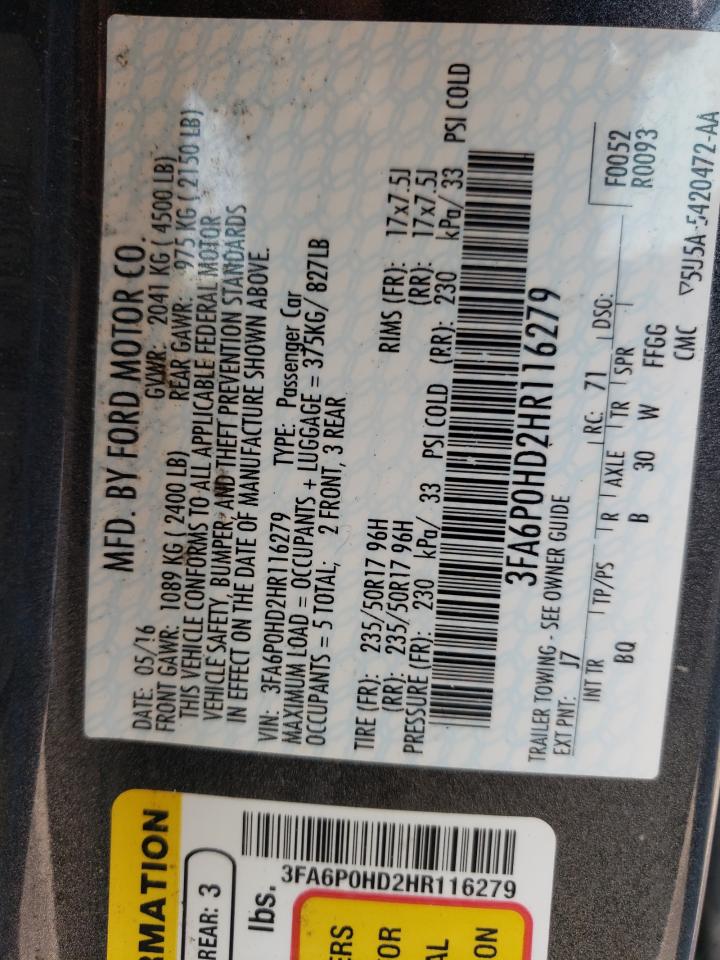 Photo 10 from auction – 2017 FORD FUSION SE with VIN 3FA6P0HD2HR116279