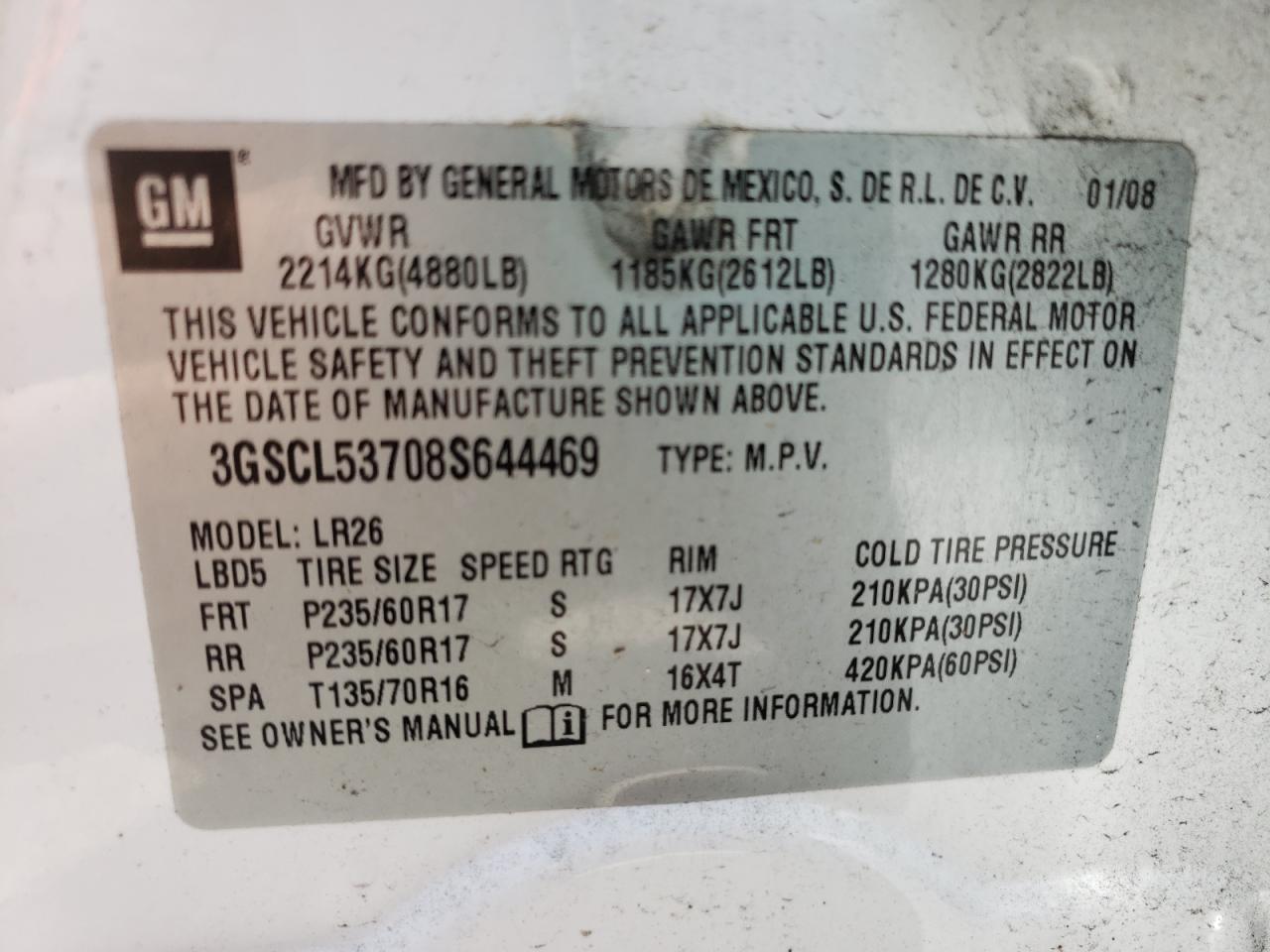 Photo 10 from auction – 2008 SATURN VUE XR with VIN 3GSCL53708S644469