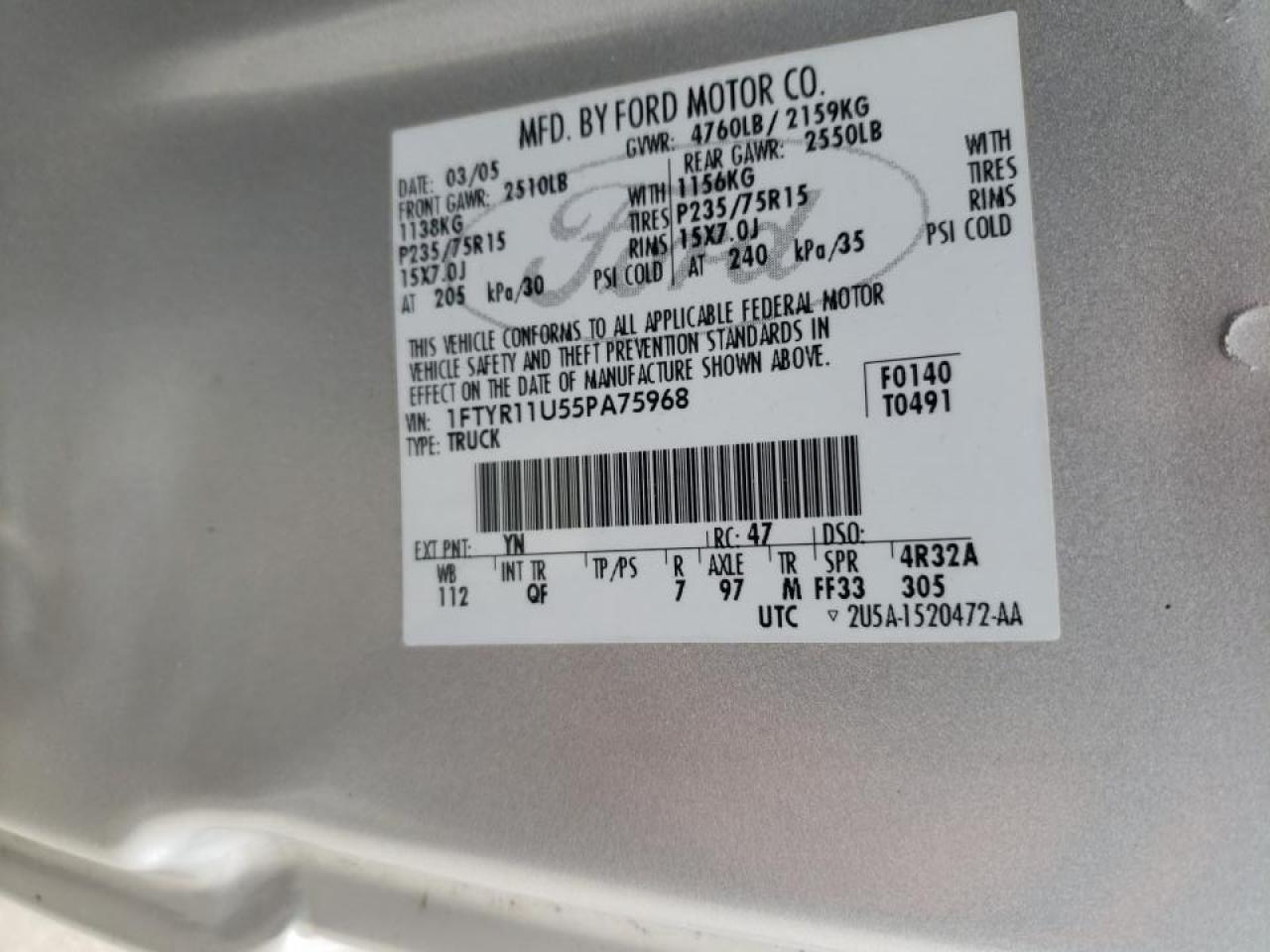 Photo 10 from auction – 2005 FORD RANGER with VIN 1FTYR11U55PA75968