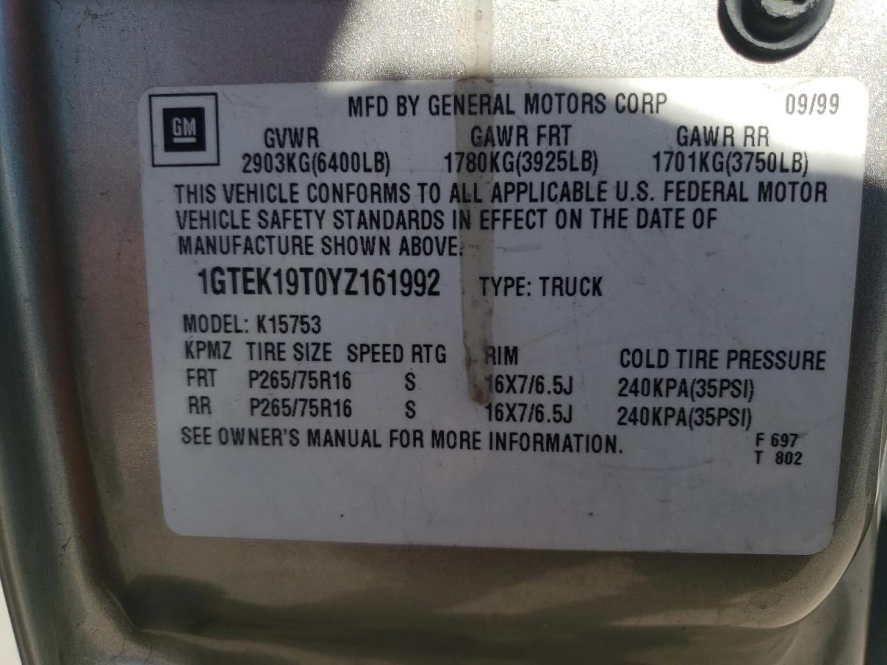 Photo 10 from auction – 2000 GMC NEW SIERRA with VIN 1GTEK19T0YZ161992