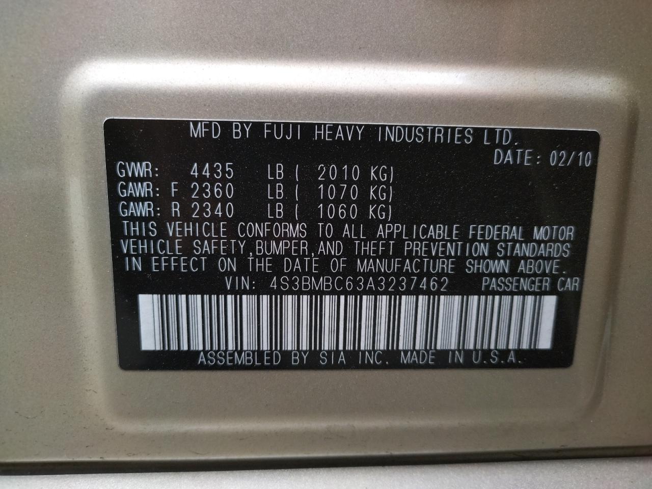 Photo 10 from auction – 2010 SUBARU LEGACY 2.5 with VIN 4S3BMBC63A3237462