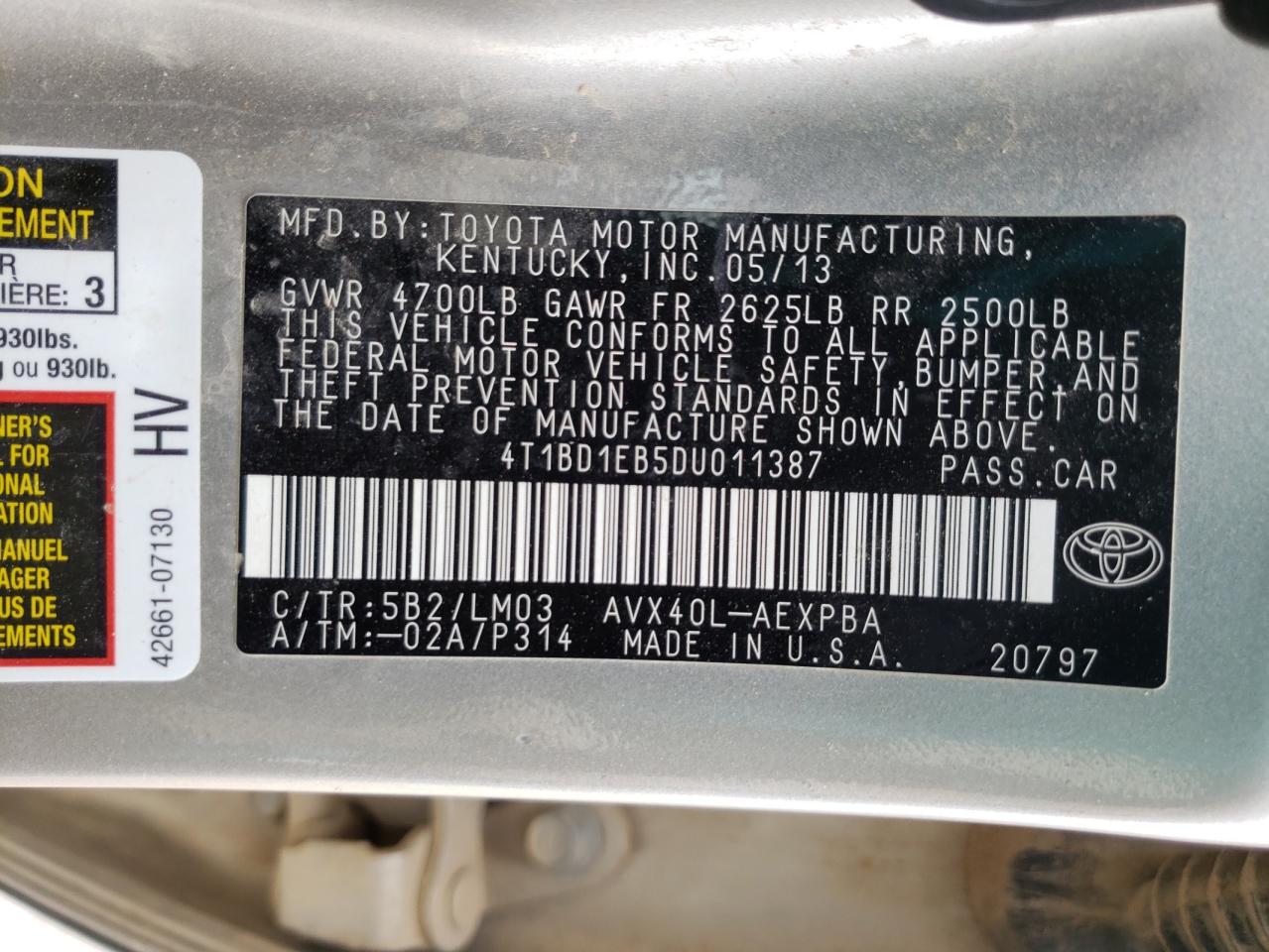 Photo 10 from auction – 2013 TOYOTA AVALON HYB with VIN 4T1BD1EB5DU011387
