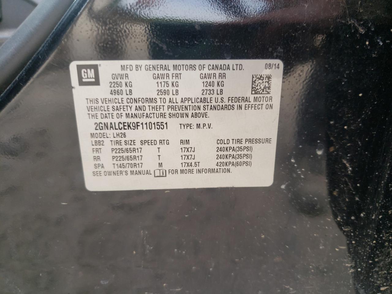 Photo 10 from auction – 2015 CHEVROLET EQUINOX LT with VIN 2GNALCEK9F1101551