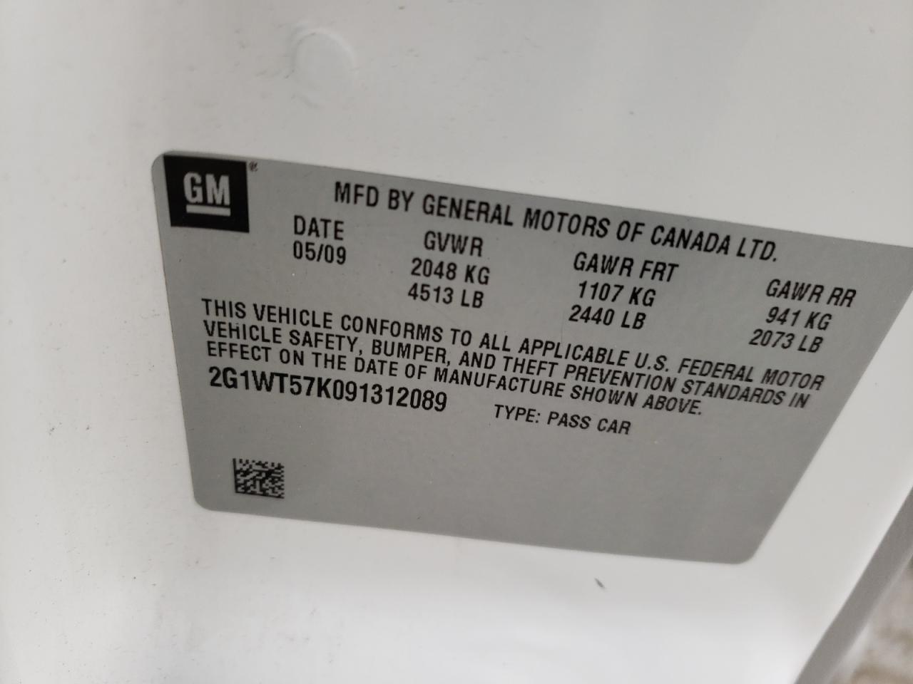 Photo 10 from auction – 2009 CHEVROLET IMPALA 1LT with VIN 2G1WT57K091312089