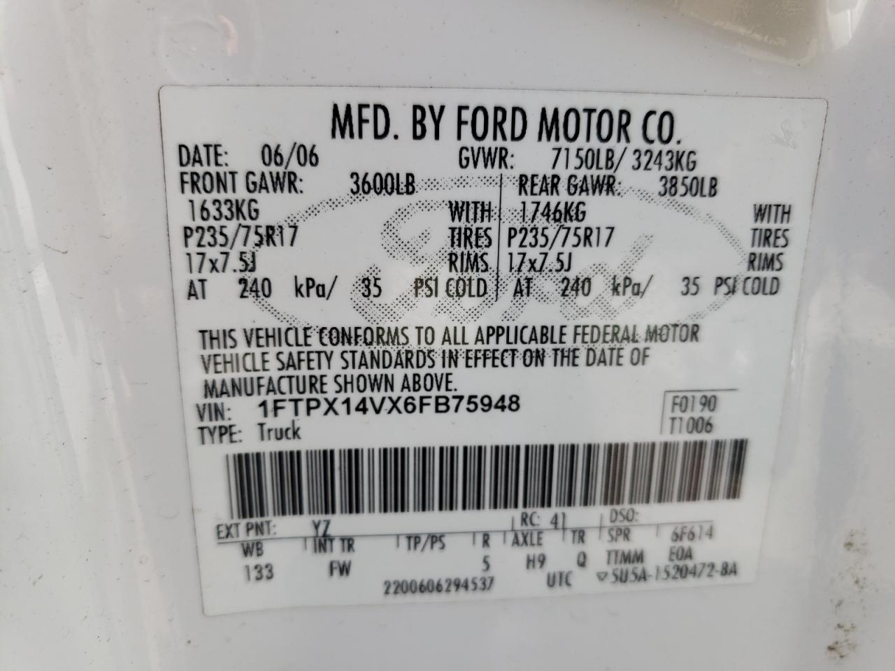 Photo 10 from auction – 2006 FORD F150 with VIN 1FTPX14VX6FB75948