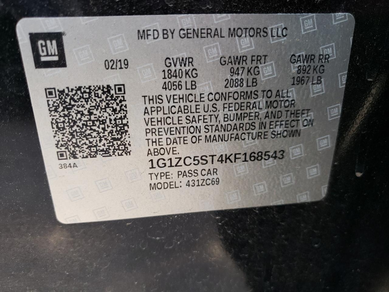 Photo 10 from auction – 2019 CHEVROLET MALIBU LS with VIN 1G1ZC5ST4KF168543