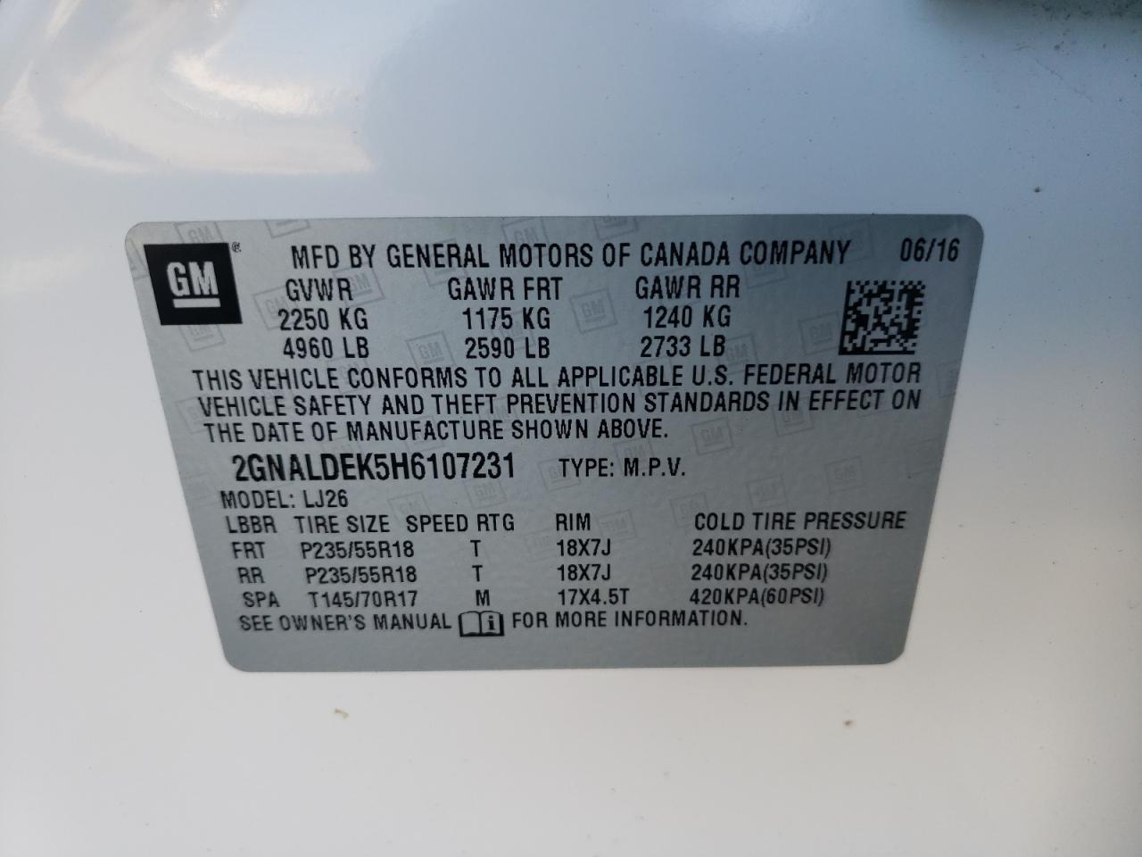 Photo 10 from auction – 2017 CHEVROLET EQUINOX PR with VIN 2GNALDEK5H6107231
