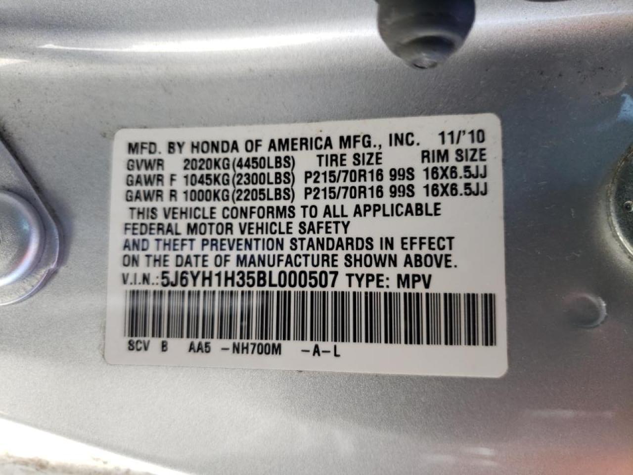 Photo 10 from auction – 2011 HONDA ELEMENT LX with VIN 5J6YH1H35BL000507