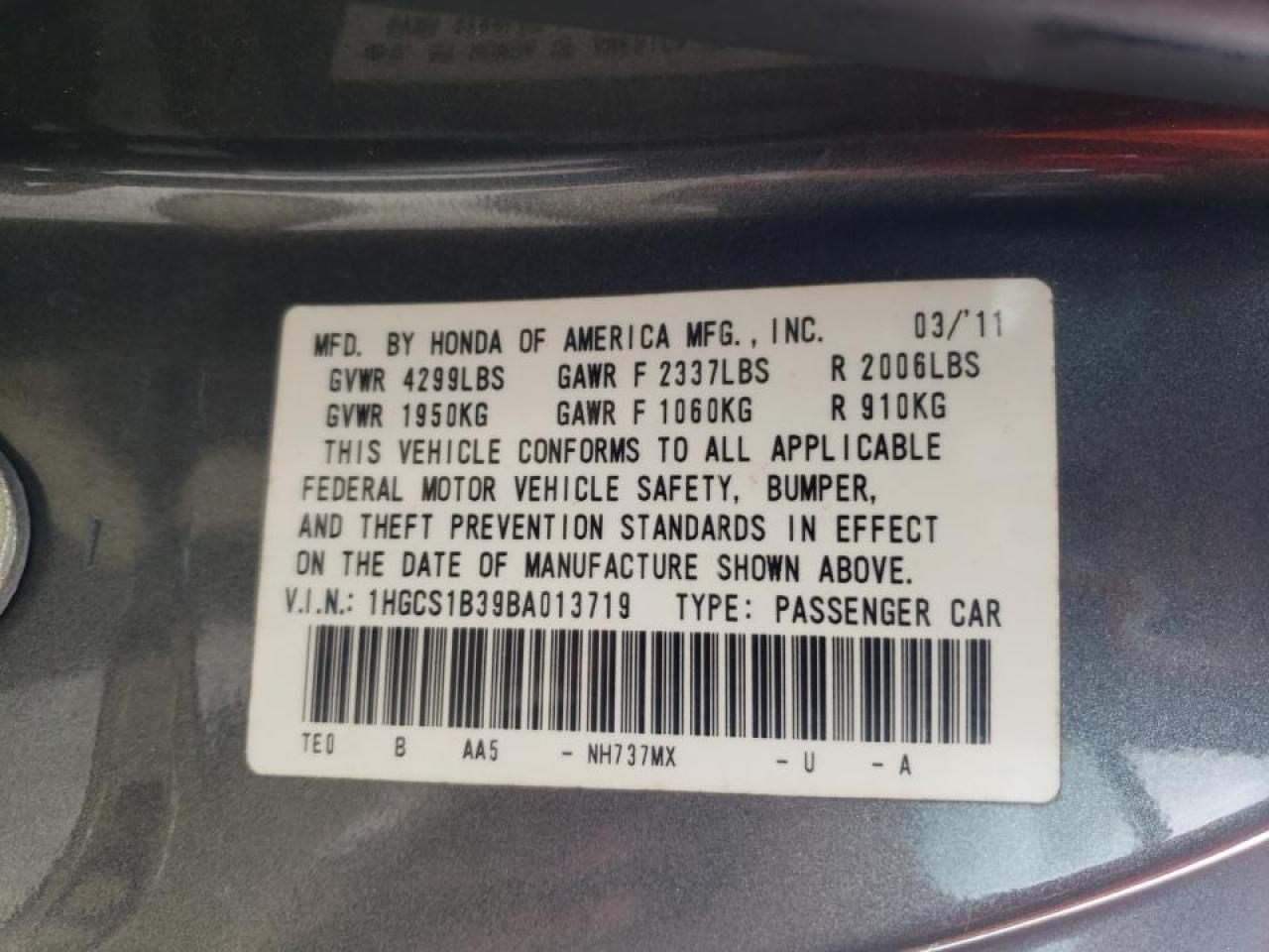 Photo 10 from auction – 2011 HONDA ACCORD LX- with VIN 1HGCS1B39BA013719