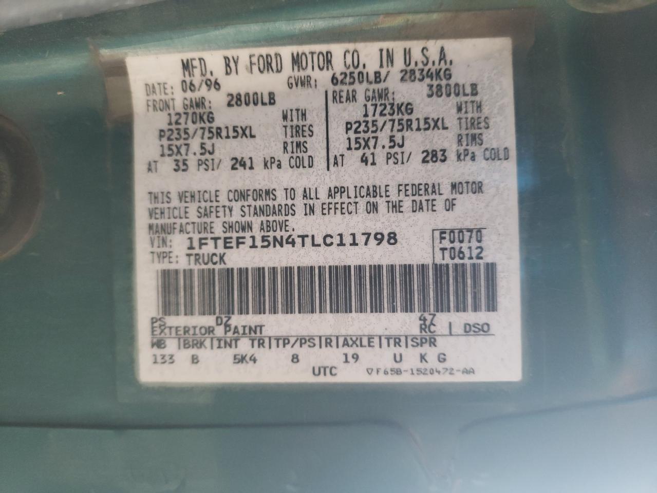 Photo 10 from auction – 1996 FORD F150 with VIN 1FTEF15N4TLC11798