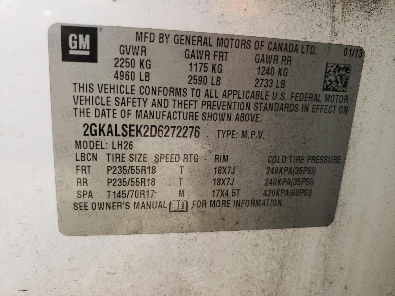 Photo 10 from auction – 2013 GMC TERRAIN SL with VIN 2GKALSEK2D6272276
