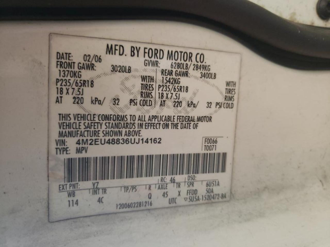 Photo 10 from auction – 2006 MERCURY MOUNTAINEE with VIN 4M2EU48836UJ14162