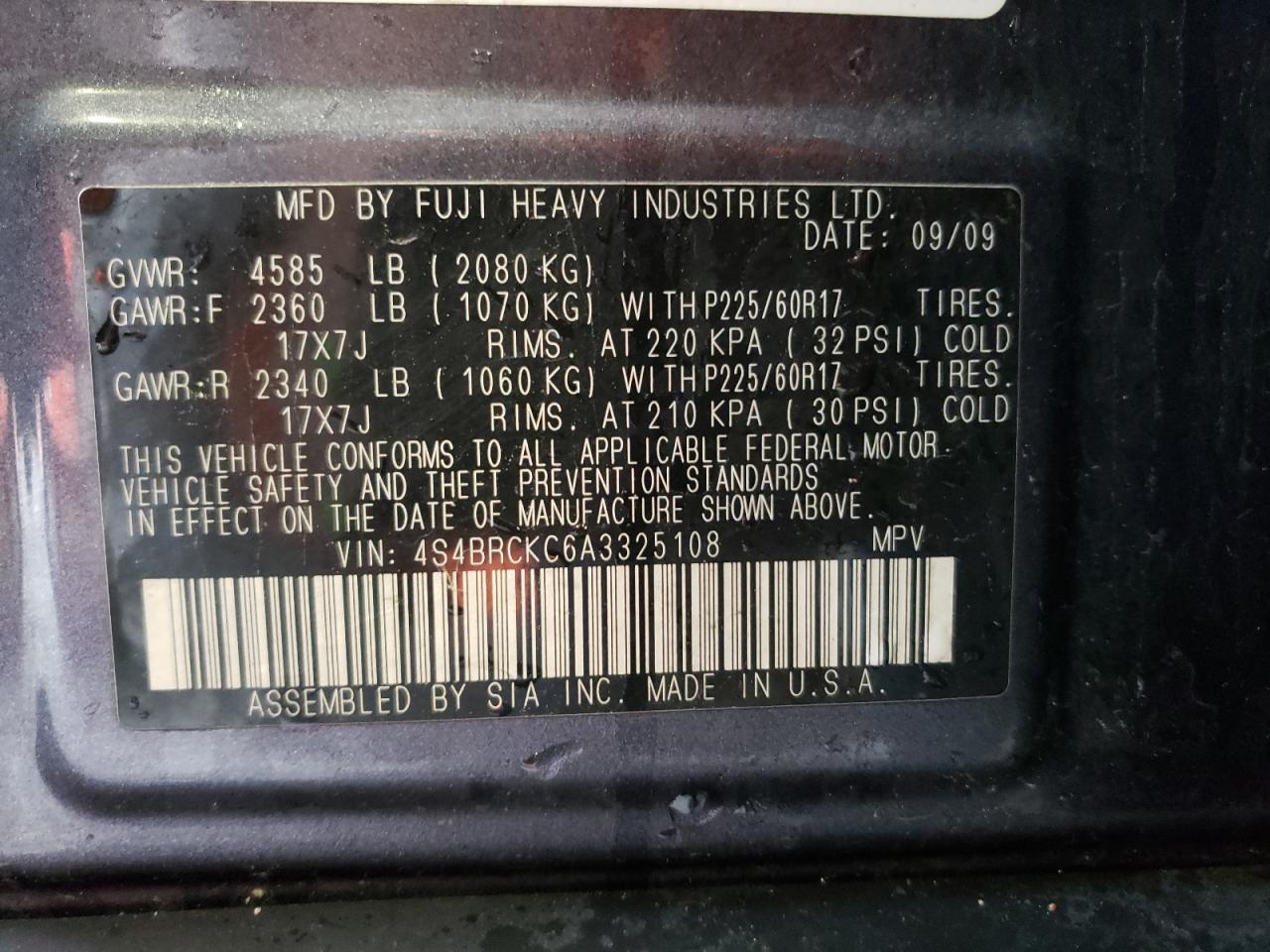 Photo 10 from auction – 2010 SUBARU OUTBACK 2. with VIN 4S4BRCKC6A3325108