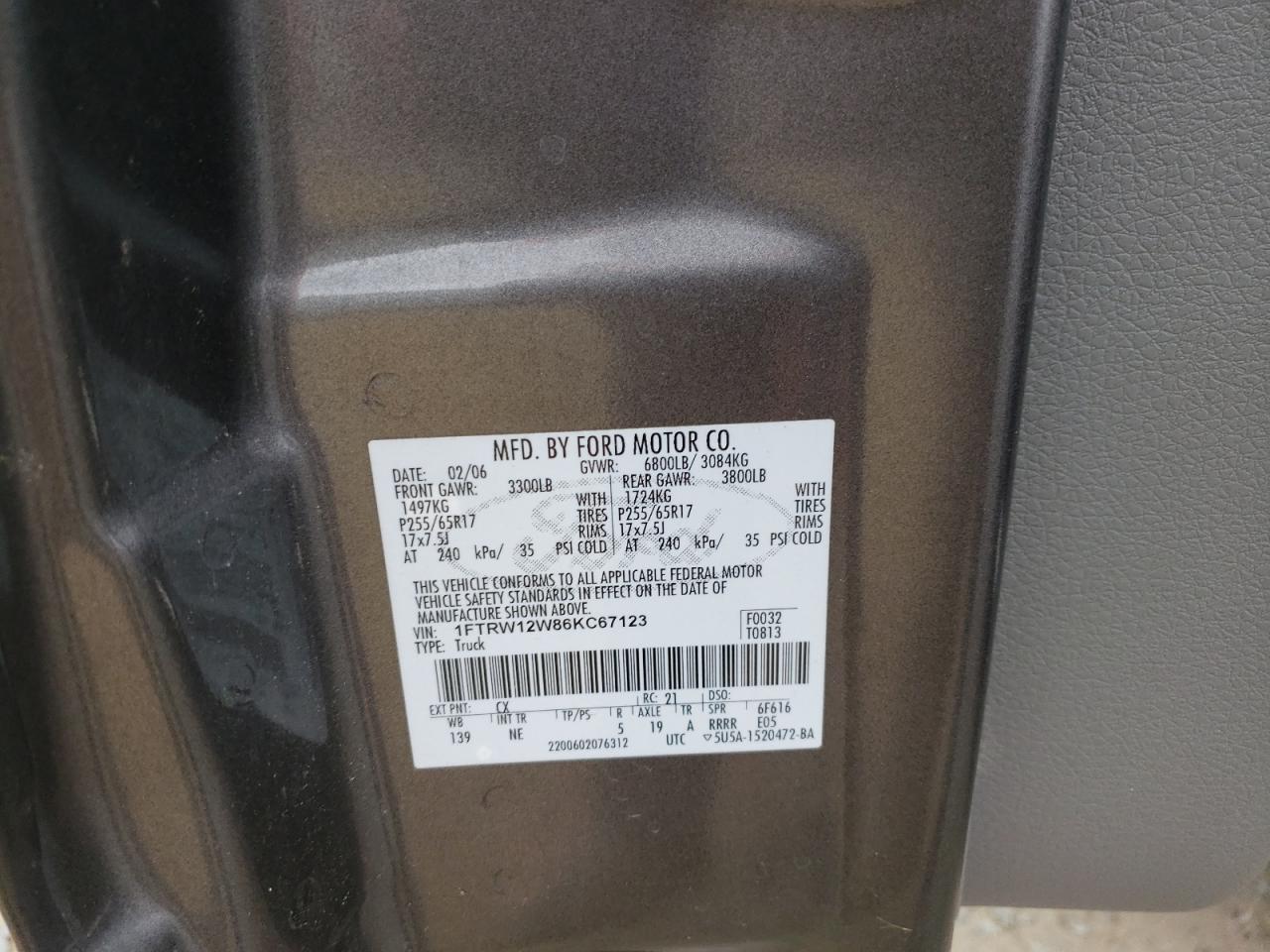 Photo 10 from auction – 2006 FORD F150 with VIN 1FTRW12W86KC67123