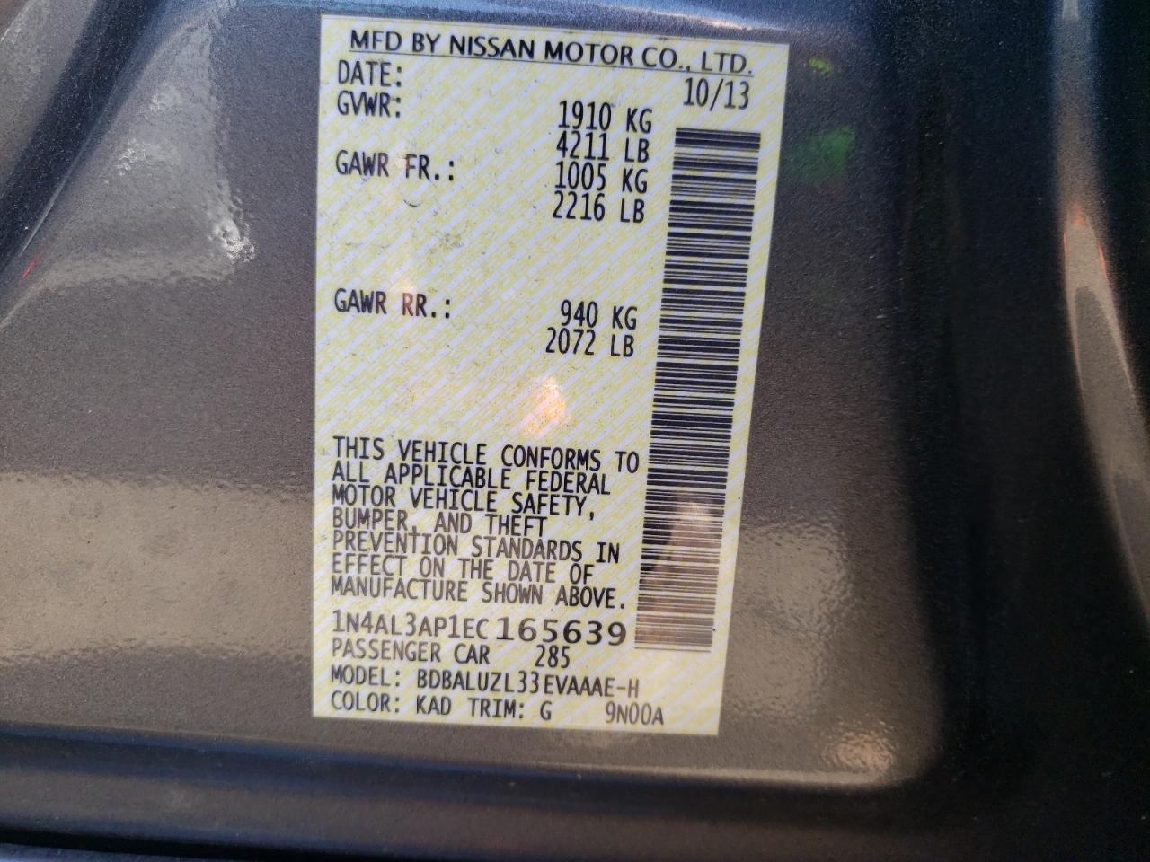 Photo 10 from auction – 2014 NISSAN ALTIMA 2.5 with VIN 1N4AL3AP1EC165639