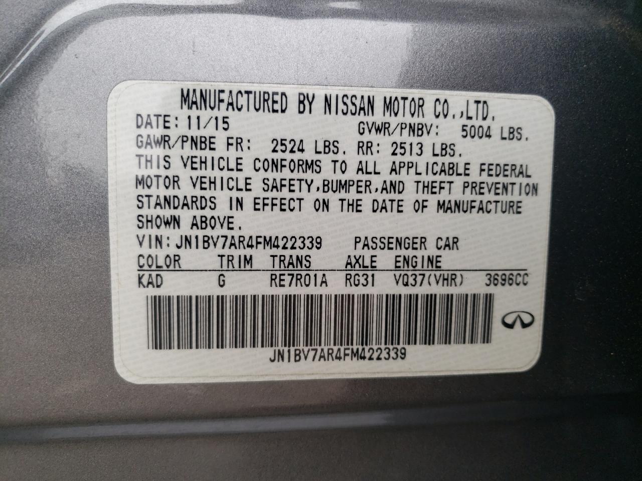 Photo 10 from auction – 2015 INFINITI Q50 BASE with VIN JN1BV7AR4FM422339