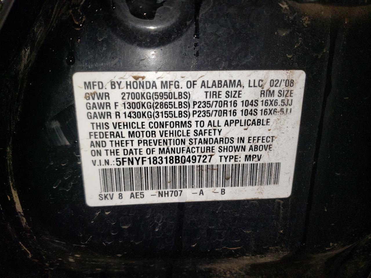 Photo 10 from auction – 2008 HONDA PILOT SE with VIN 5FNYF18318B049727