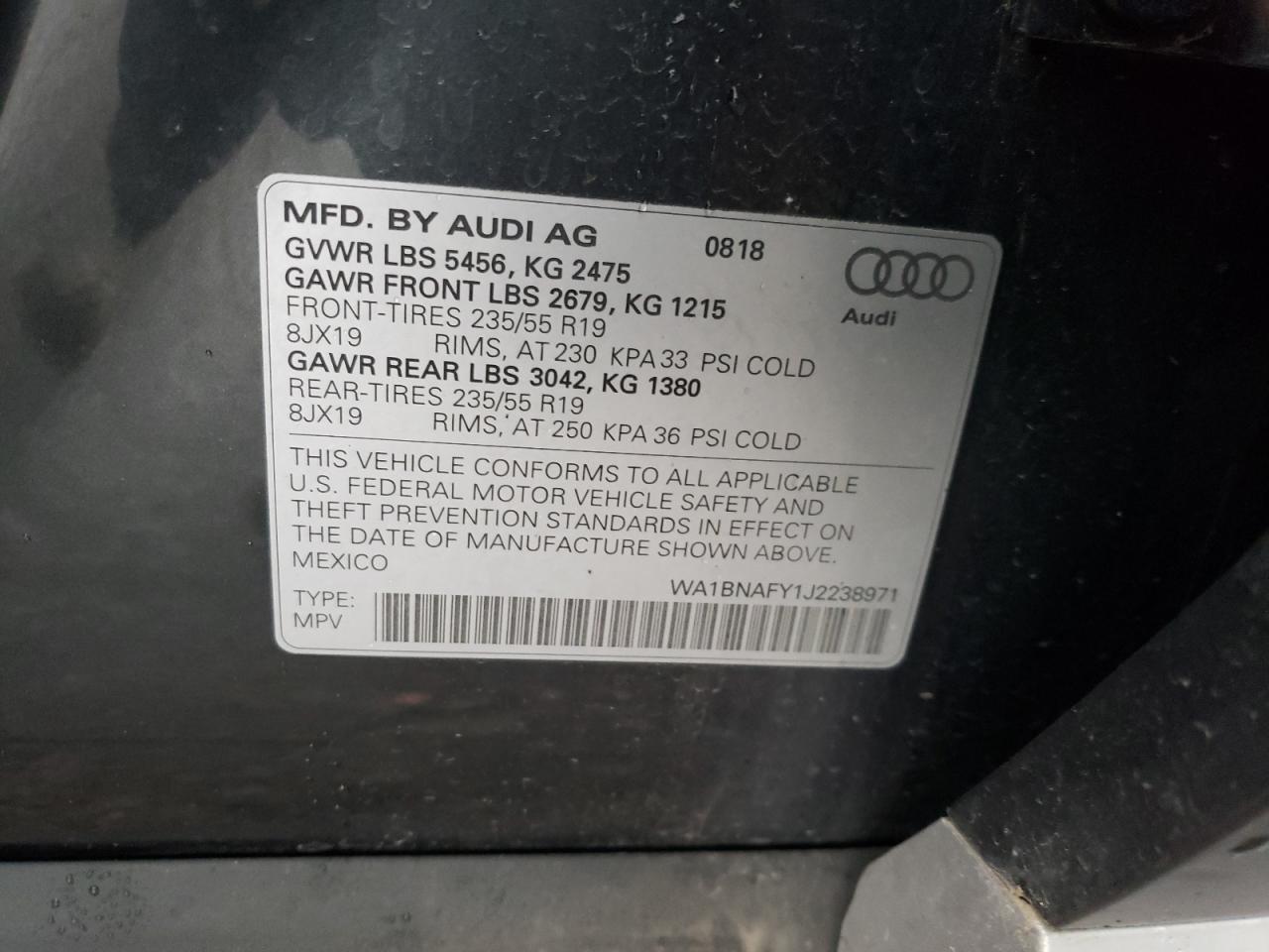 Photo 10 from auction – 2018 AUDI Q5 PREMIUM with VIN WA1BNAFY1J2238971