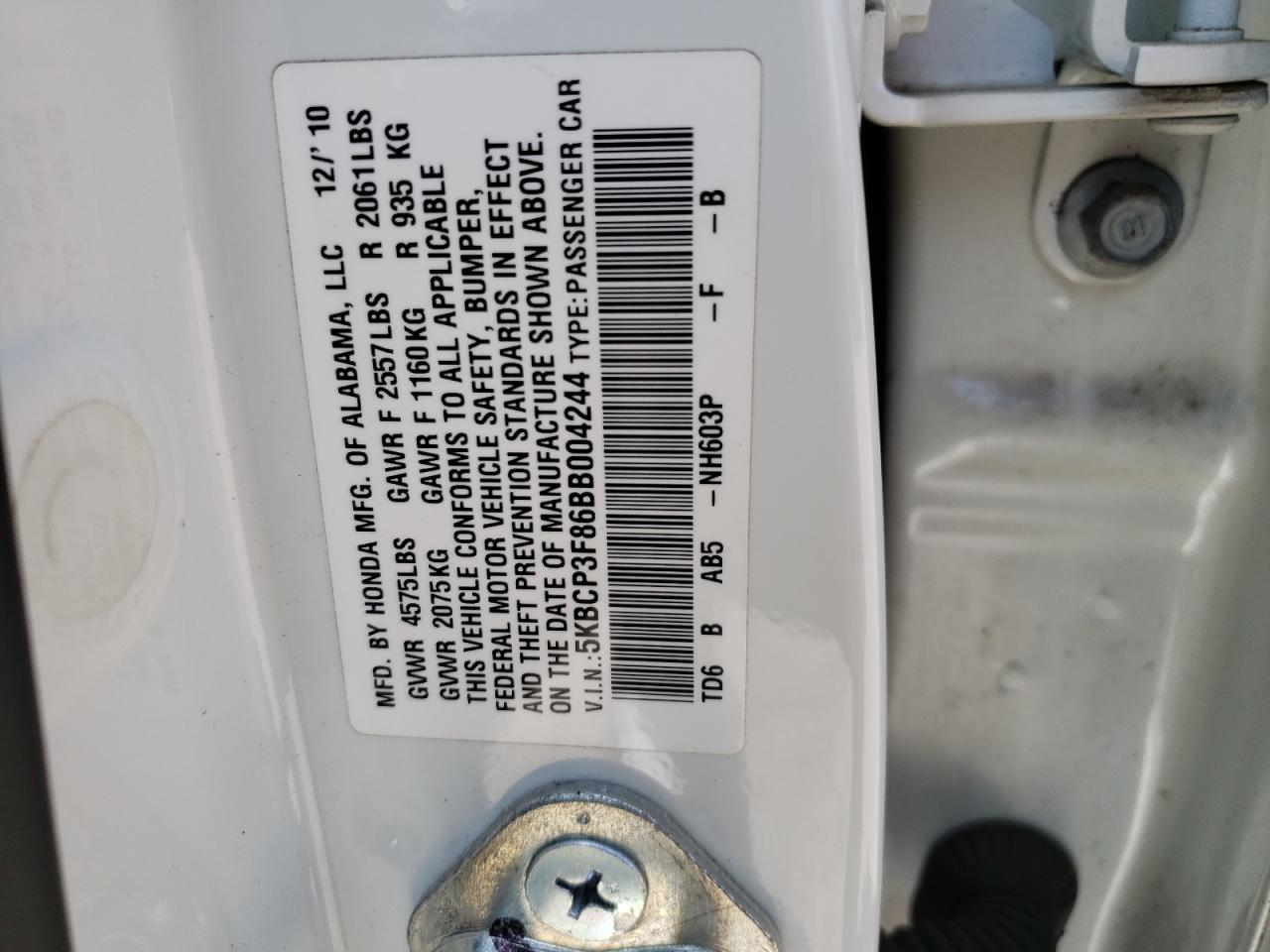 Photo 10 from auction – 2011 HONDA ACCORD EXL with VIN 5KBCP3F86BB004244