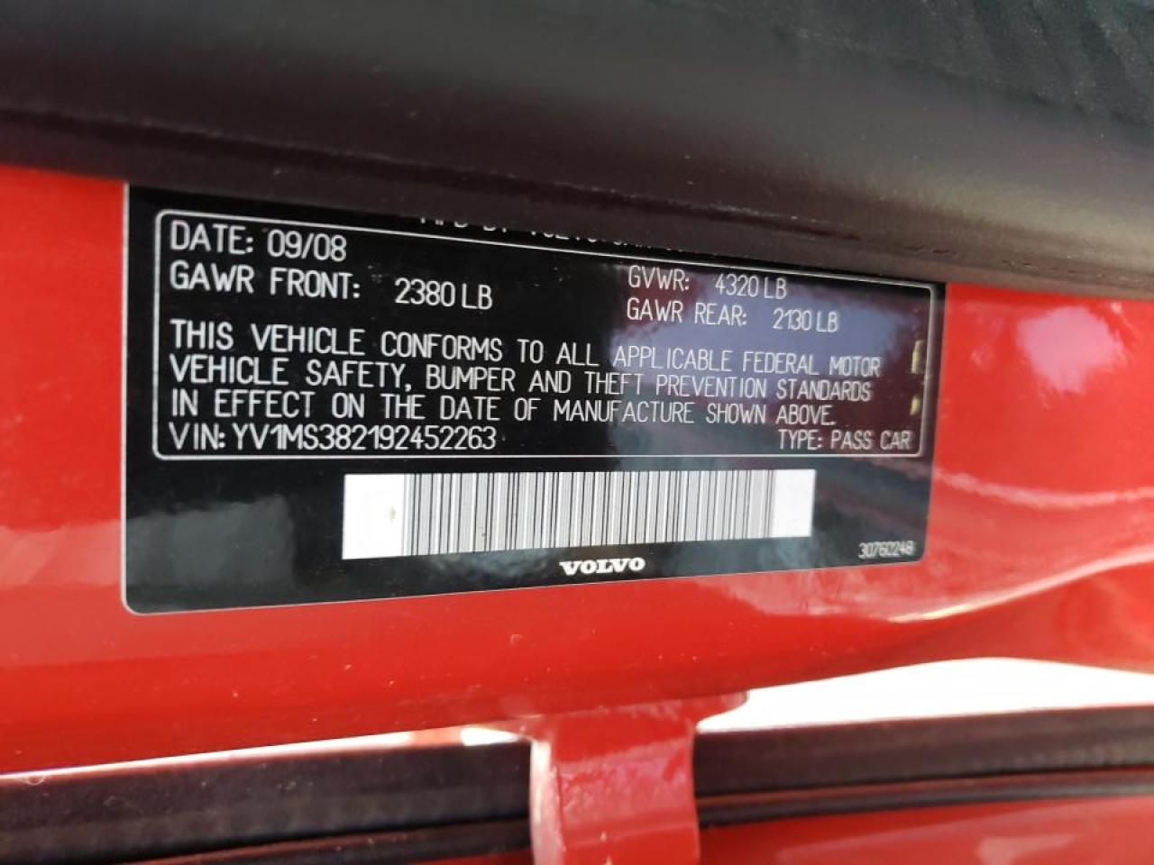 Photo 10 from auction – 2009 VOLVO S40 2.4I with VIN YV1MS382192452263
