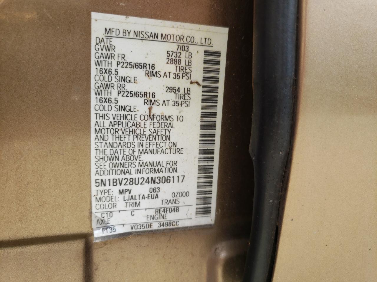 Photo 10 from auction – 2004 NISSAN QUEST with VIN 5N1BV28U24N306117