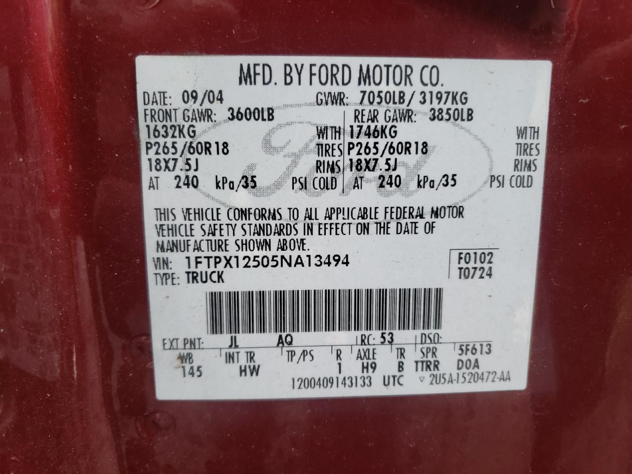 Photo 10 from auction – 2005 FORD F150 with VIN 1FTPX12505NA13494