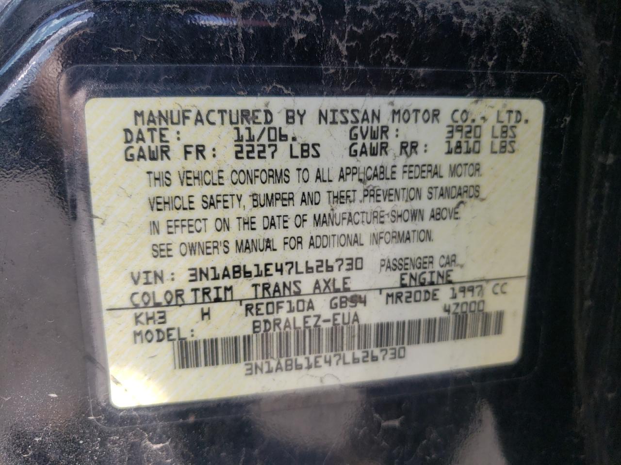 Photo 10 from auction – 2007 NISSAN SENTRA 2.0 with VIN 3N1AB61E47L626730