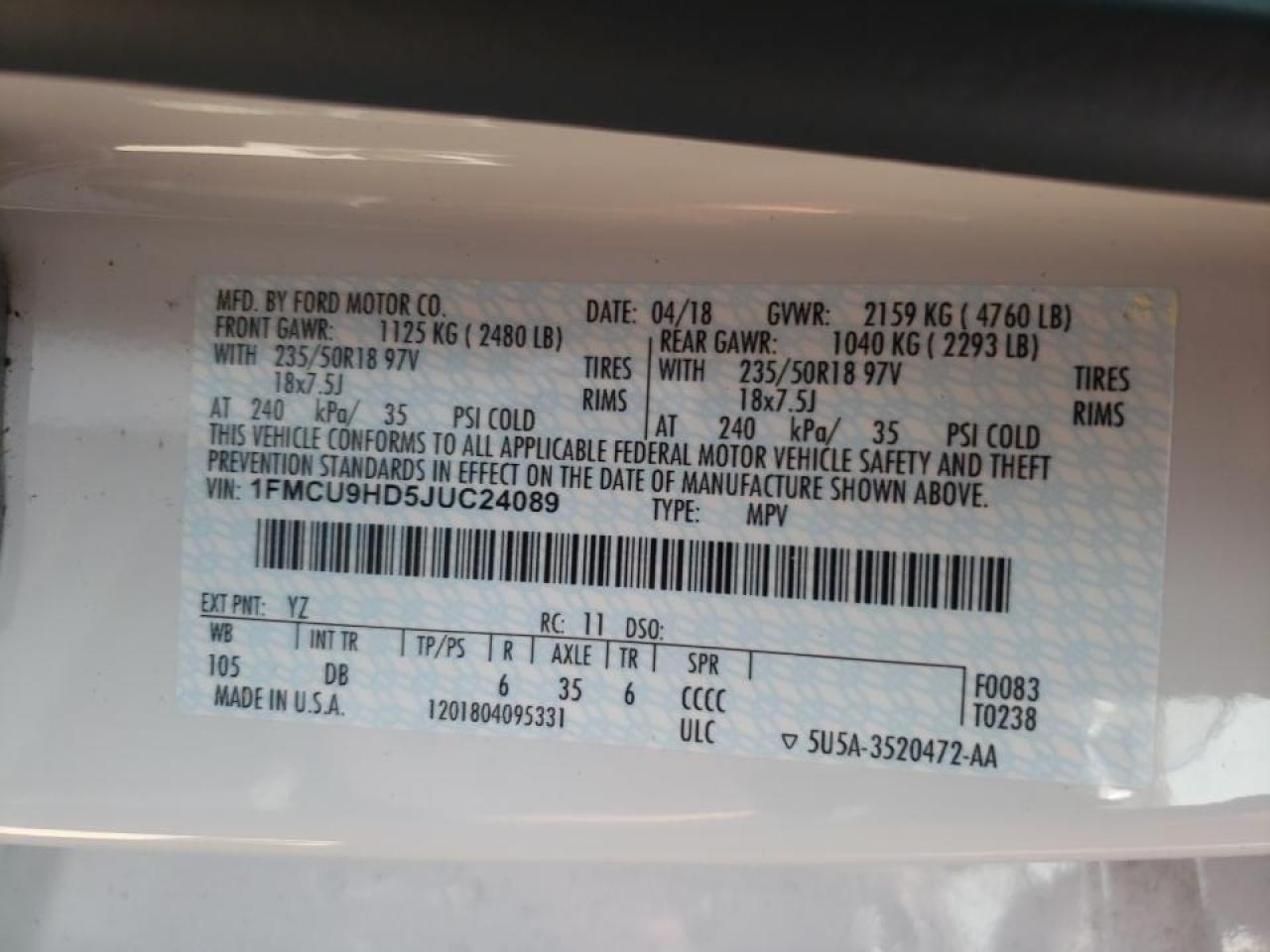 Photo 10 from auction – 2018 FORD ESCAPE SEL with VIN 1FMCU9HD5JUC24089