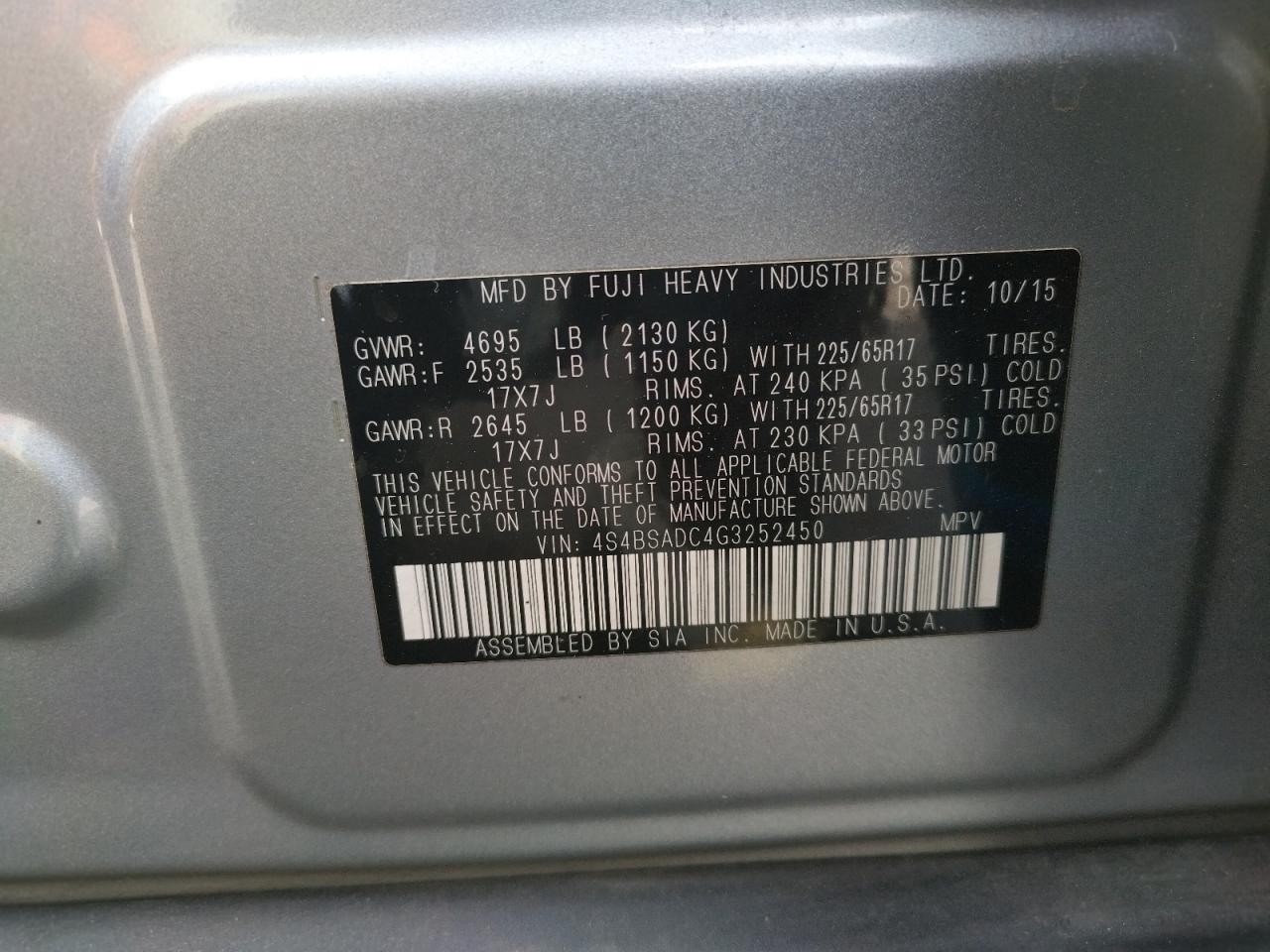 Photo 10 from auction – 2016 SUBARU OUTBACK 2. with VIN 4S4BSADC4G3252450
