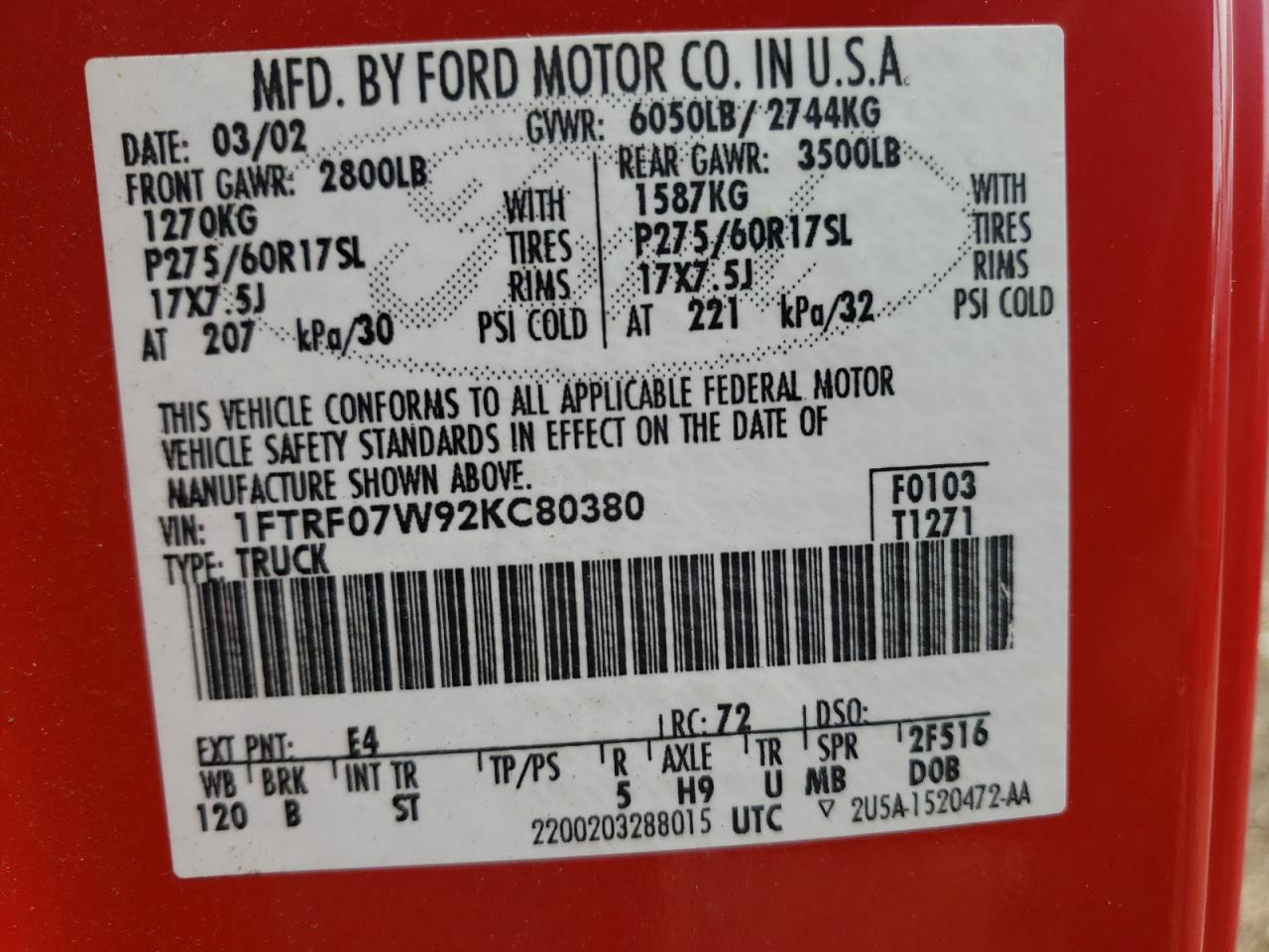 Photo 10 from auction – 2002 FORD F150 with VIN 1FTRF07W92KC80380