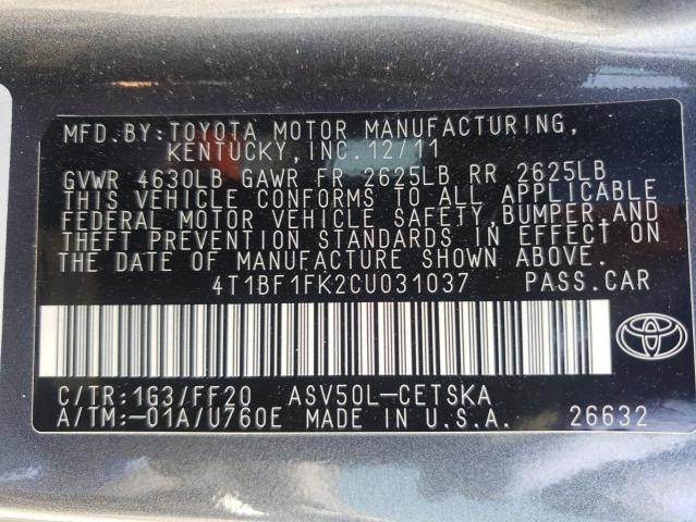 Photo 10 from auction – 2012 TOYOTA CAMRY BASE with VIN 4T1BF1FK2CU031037