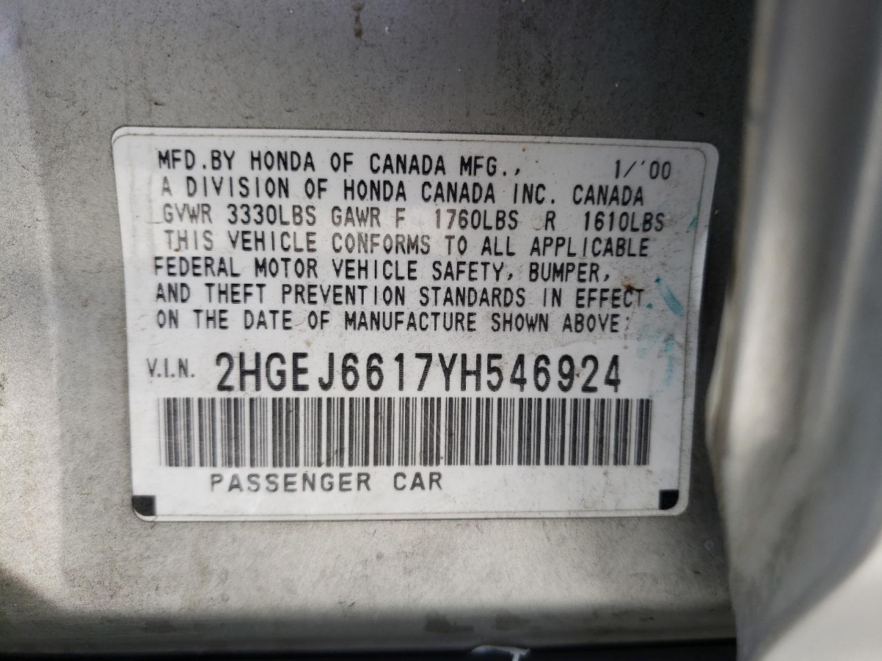 Photo 10 from auction – 2000 HONDA CIVIC with VIN 2HGEJ6617YH546924