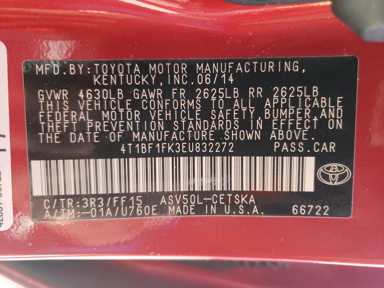 Photo 10 from auction – 2014 TOYOTA CAMRY L with VIN 4T1BF1FK3EU832272
